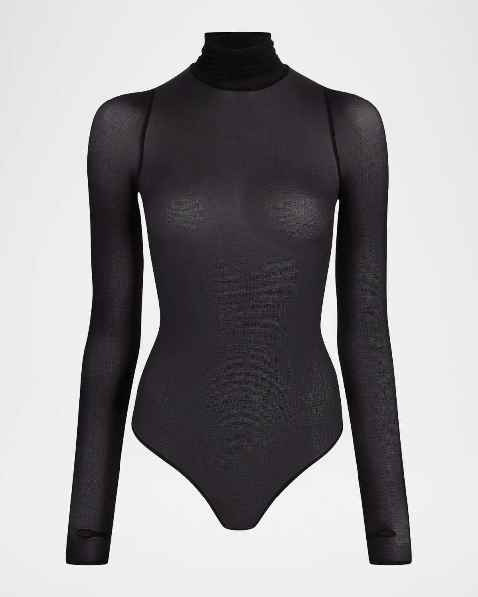 Ballet Mock-Neck Sheer Tulle Thong Bodysuit